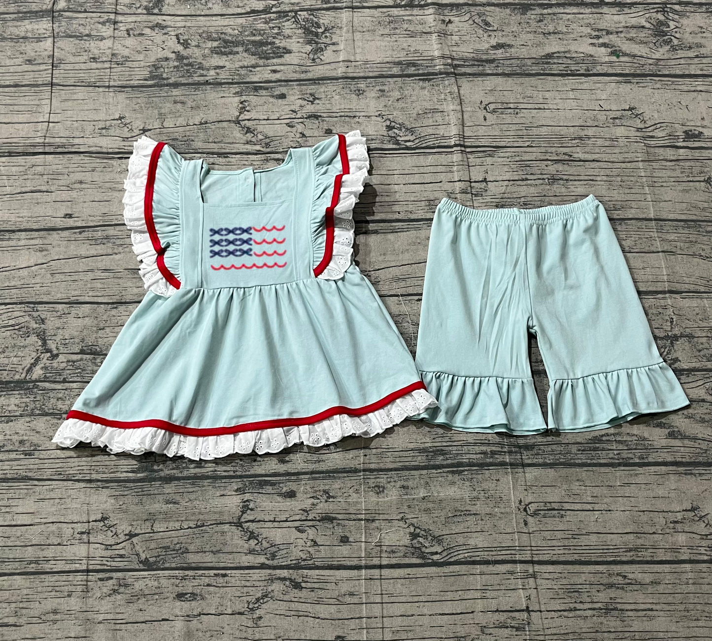 pre order USA flag ruffle shorts set
