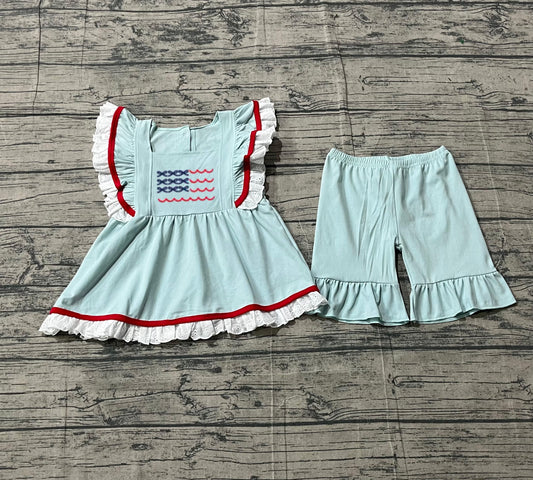 pre order USA flag ruffle shorts set