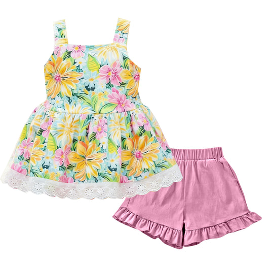 pre order summer flower strap shorts set