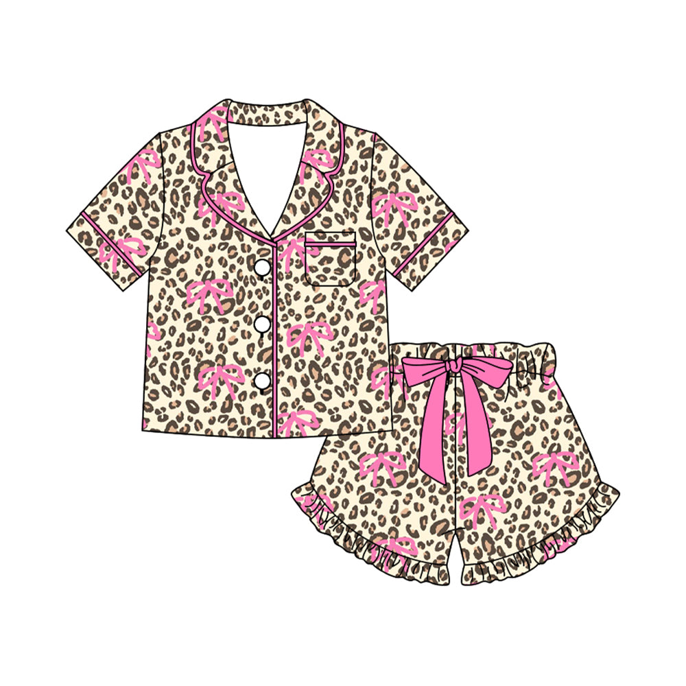 pre order pink bow leopard button down shorts pajama set