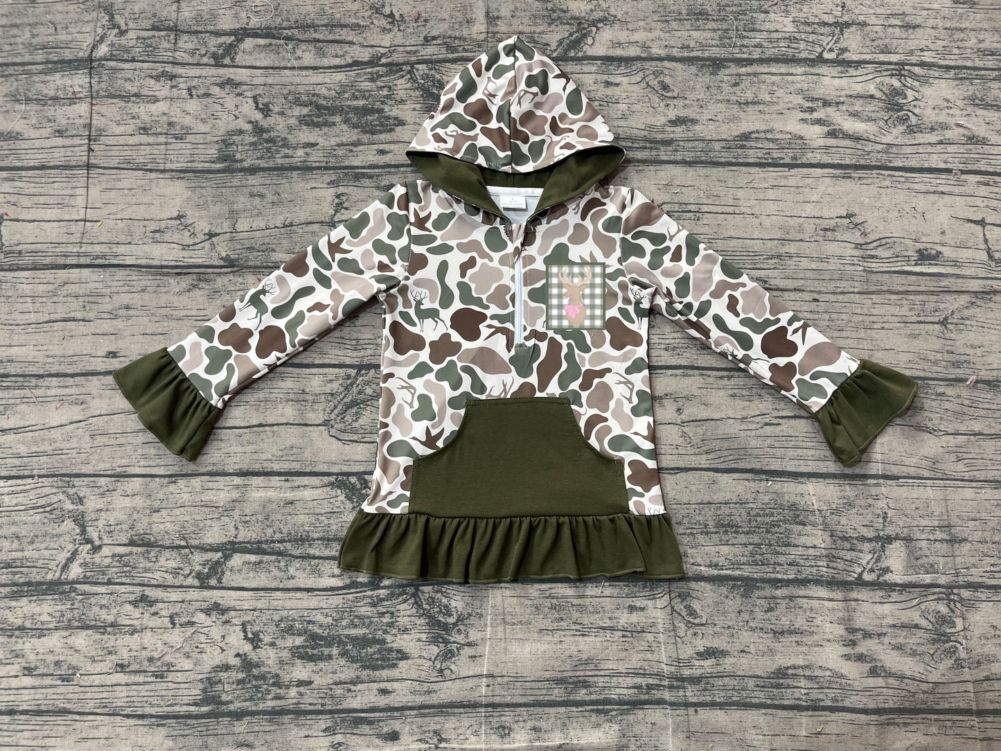 Pre order girl long sleeve ruffle camo hoodie (do embroidery)