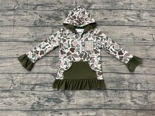 Pre order girl long sleeve ruffle camo hoodie (do embroidery)
