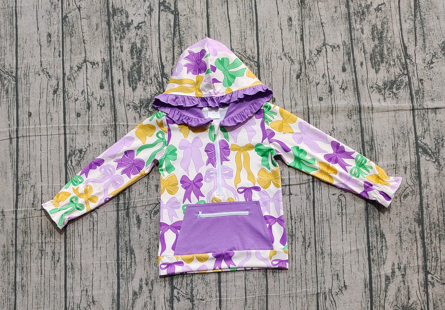 pre order kids mardi gras green yellow purple coquette zip hoodie