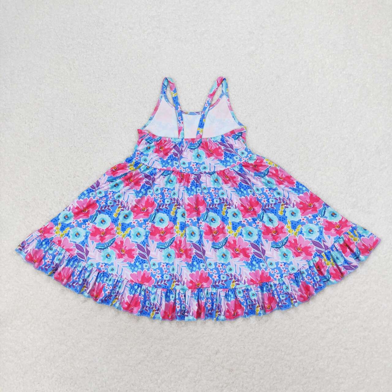 blue pink colorful flower print strap twirl dress