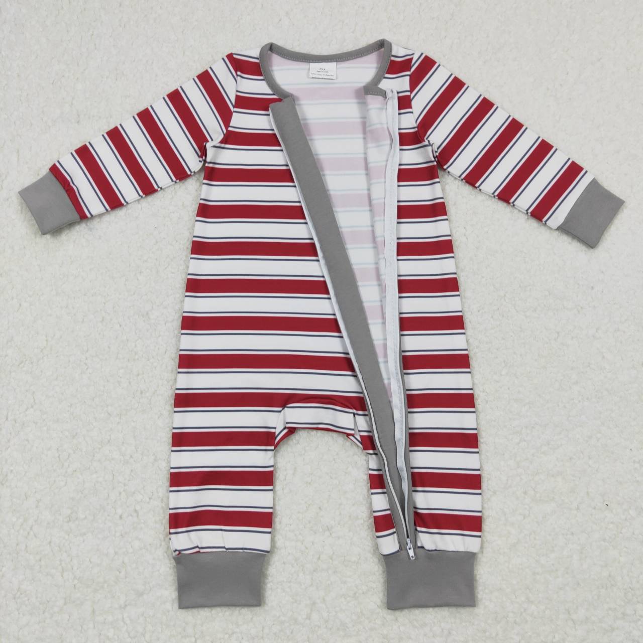 gray white red stripe zip sleeper