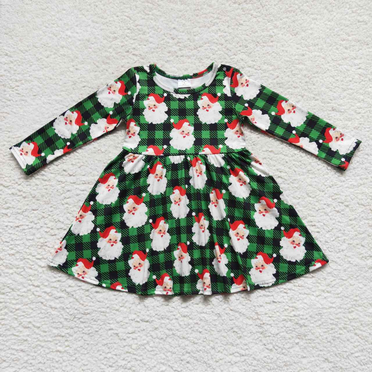 green plaid with santa claus long sleeve twirl christmas dress