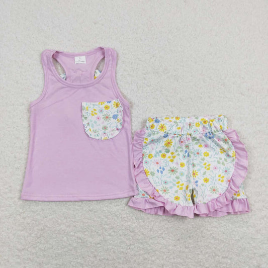 kids girl purple tank shirt floral ruffle shorts set