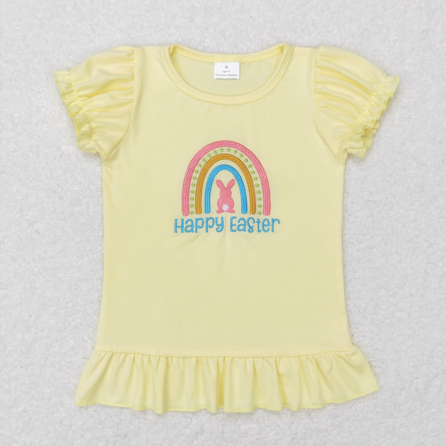 happy easter baby girl embroidery yellow ruffle t-shirt