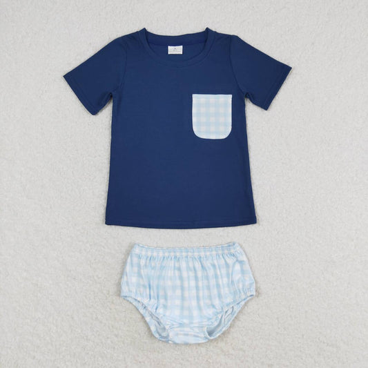 baby boy navy shirt plaid bummie set