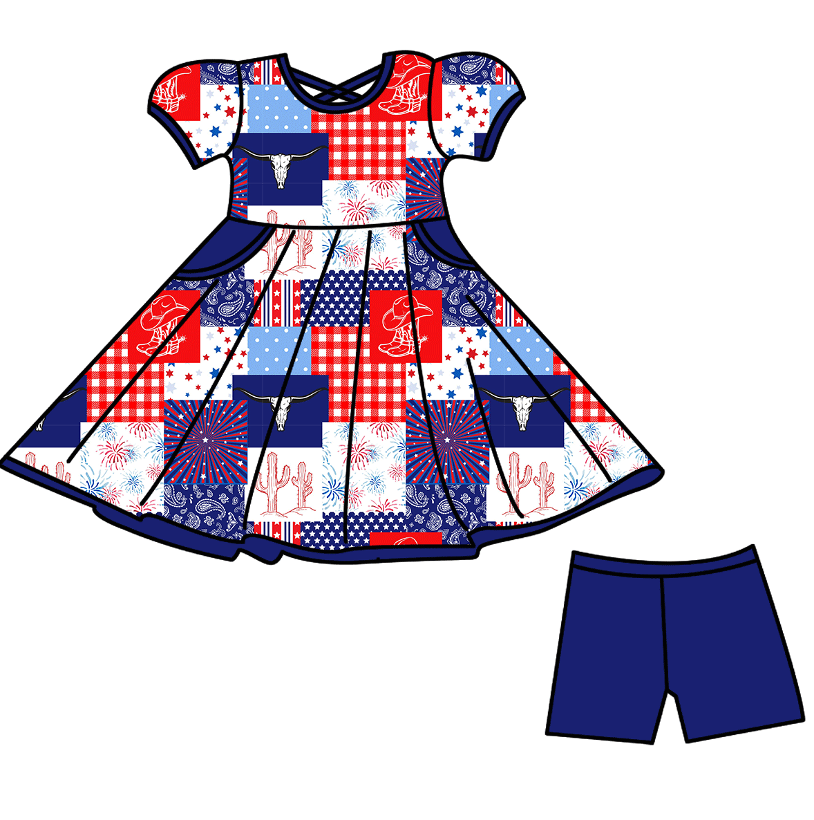 TAT 6-7 weeks MOQ 5 western cowgirl 4th of july shorts set