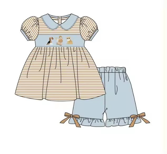 TAT 6-8 weeks MOQ 5 stripes dog print girl shorts set