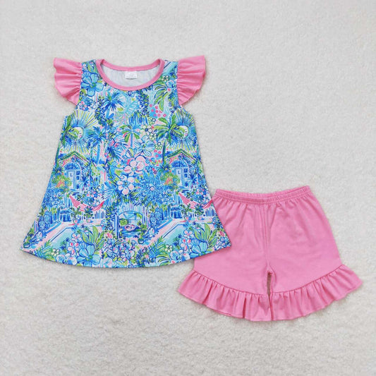 flutter sleeve lily pink ruffle shorts set girls summer outfit