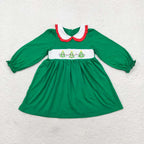 green cotton christmas tree smocked dress