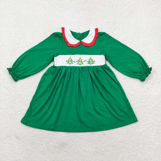 green cotton christmas tree smocked dress