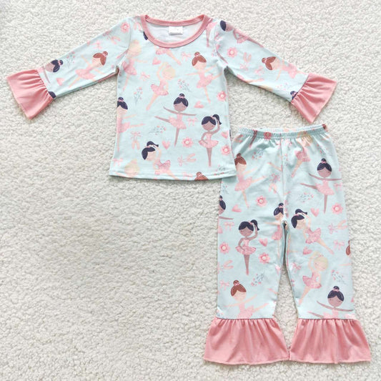 2pieces kids girl long sleeve ballet print pajama set