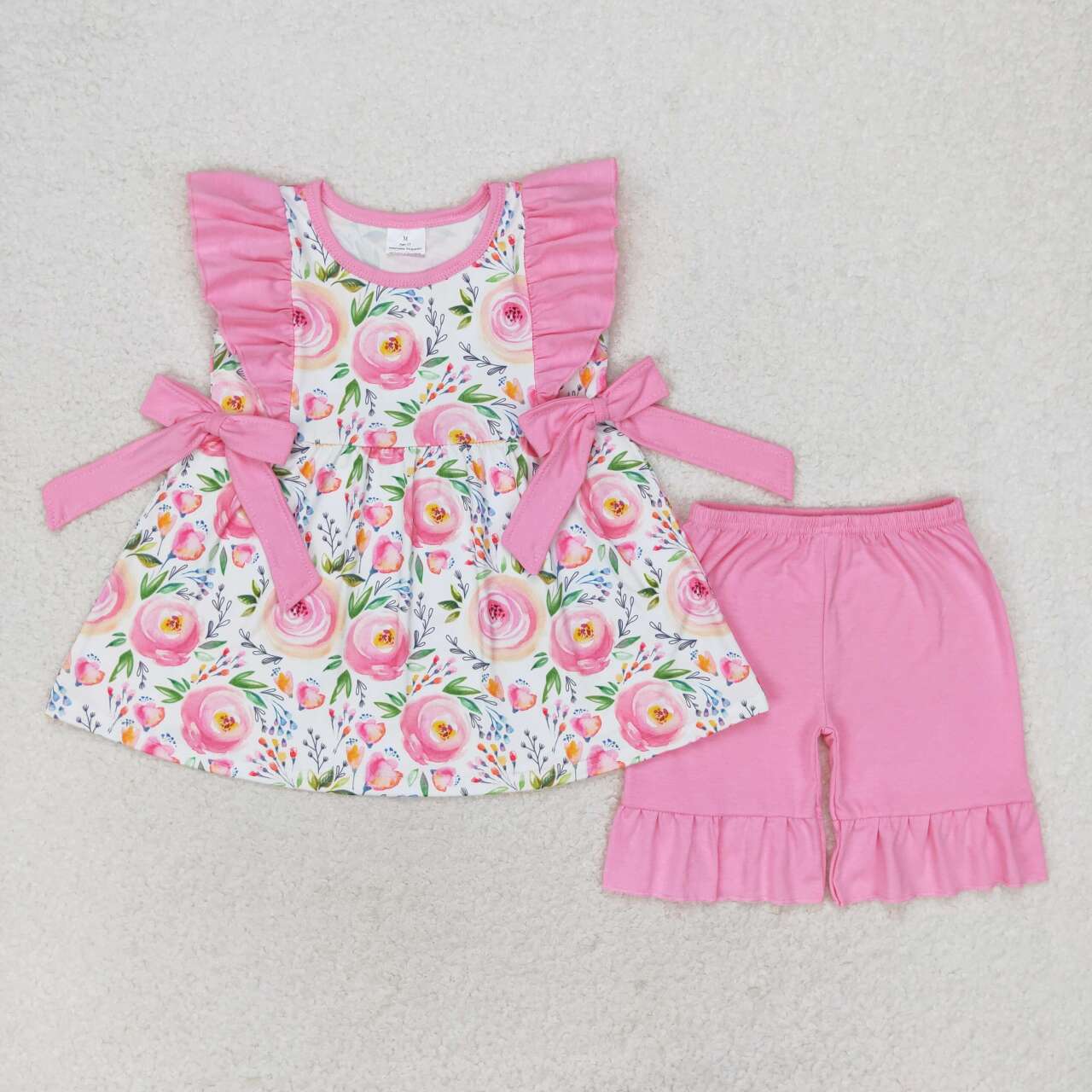 pink summer flower girl bow shorts set