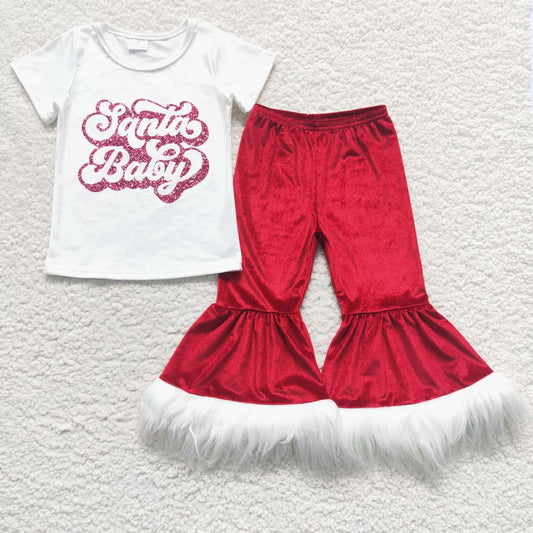 short sleeve santa baby shirt red velvet flare pants set girl christmas clothing