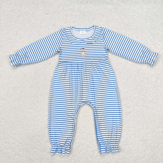 blue striped puppy embroidery romper girl