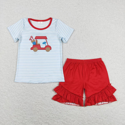child girl blue red golf embroidery shorts set