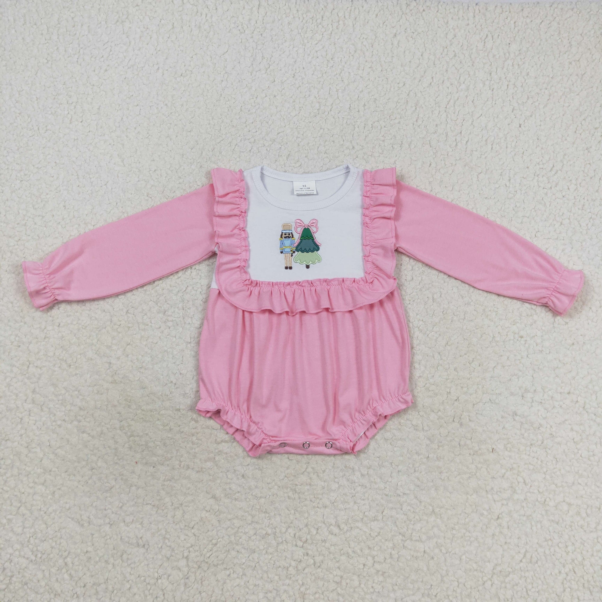 cotton solid pink christmas embroidery romper