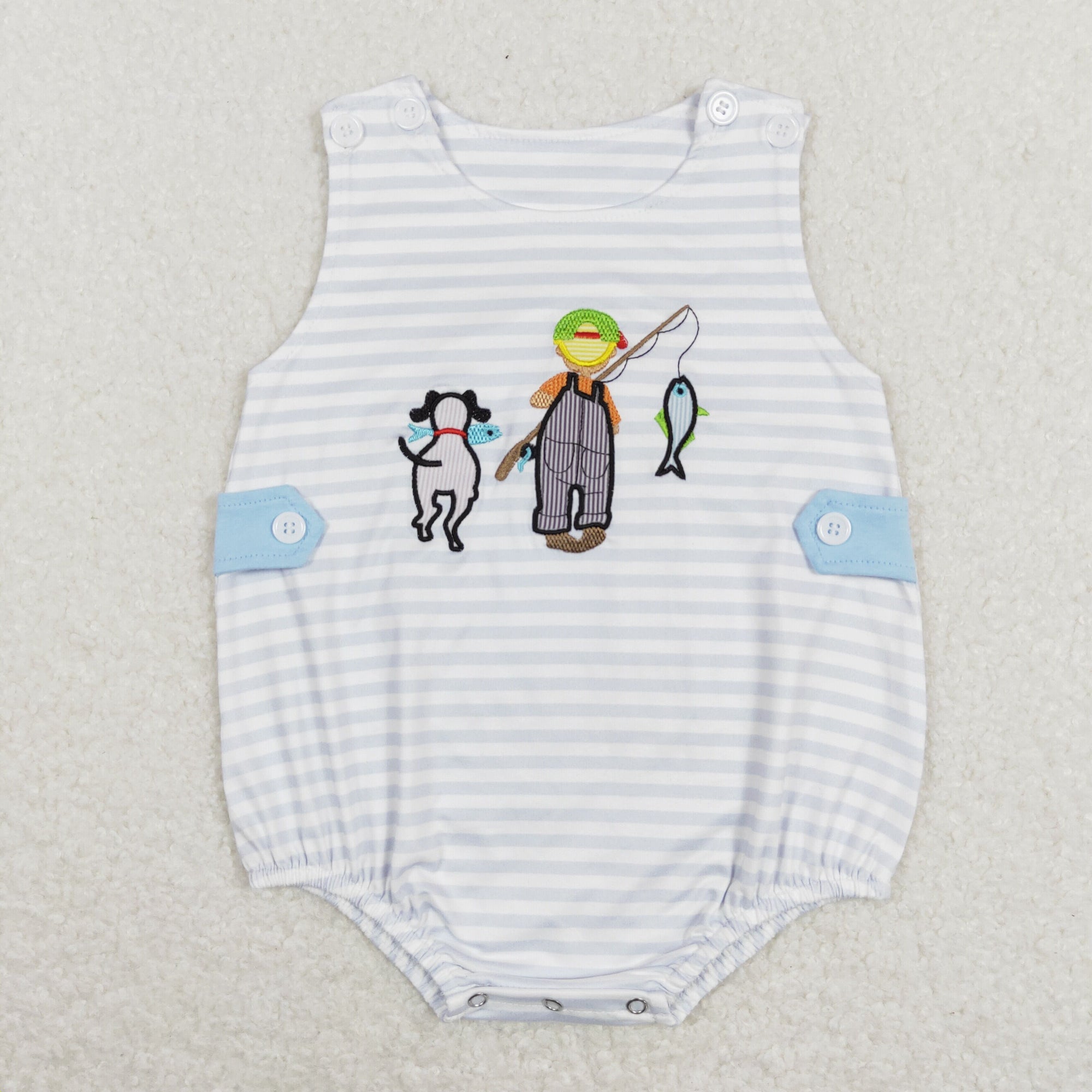 infant boy stripe gone fishing embroidery tank bubble