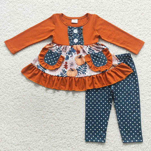 Girl fall pumpkin pocket polk dots legging set