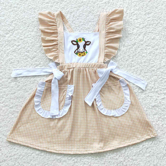 kids girl cow embroidery dress with pockets