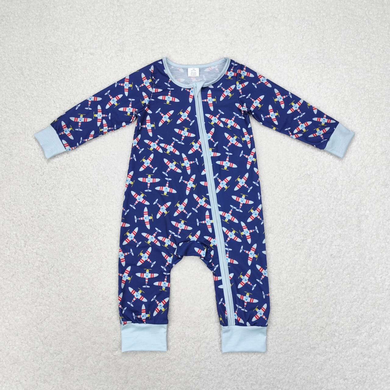 dark blue plane print zip sleeper boy