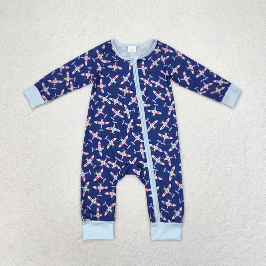 dark blue plane print zip sleeper boy