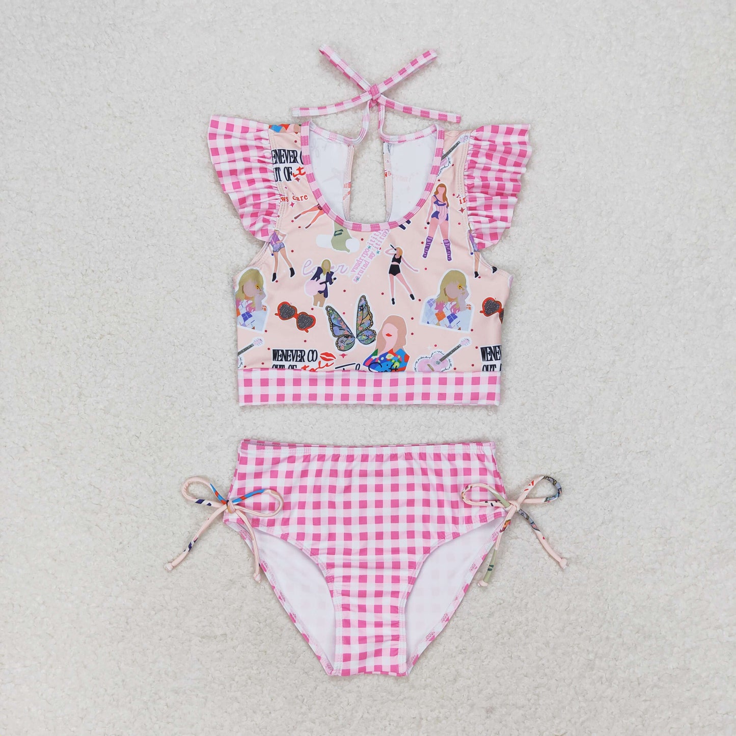 taylor swift print two pieces girl swimsuit pink