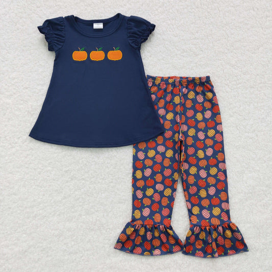 Sibling pumpkin embroidery outfit girl fall pants set