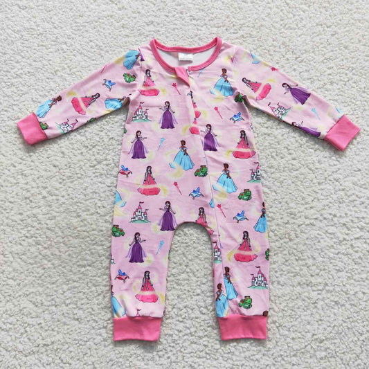 Pink princess print baby girl sleeper zipper PJs