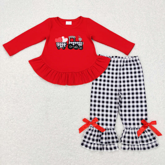 girl valentine heart truck embroidery ruffle pants set