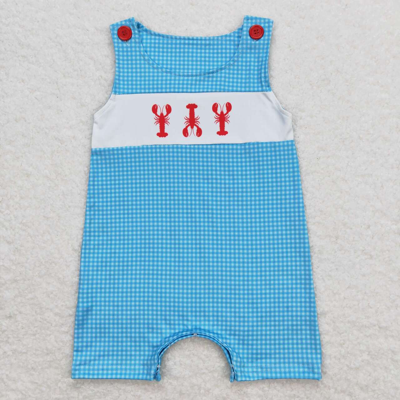blue gingham crawfish print tank romper