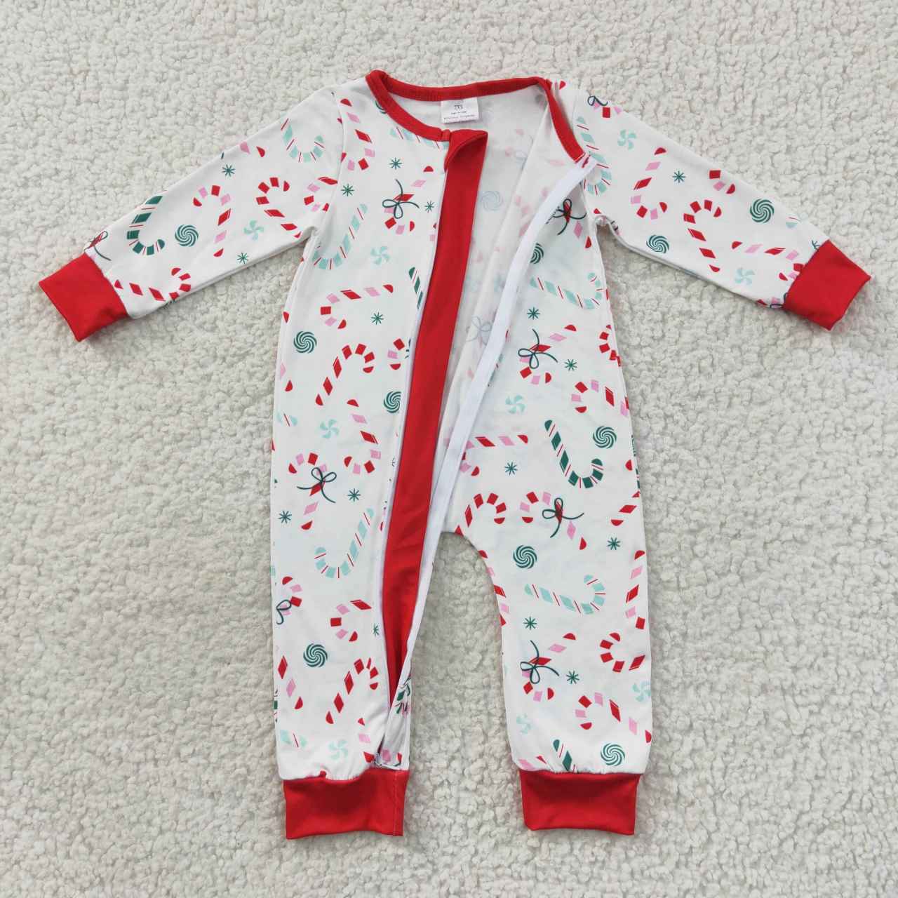 Candy cane ruffle zipper sleeper, baby boy christmas PJs