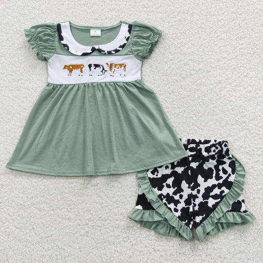 girl cow embroidery ruffle shorts set