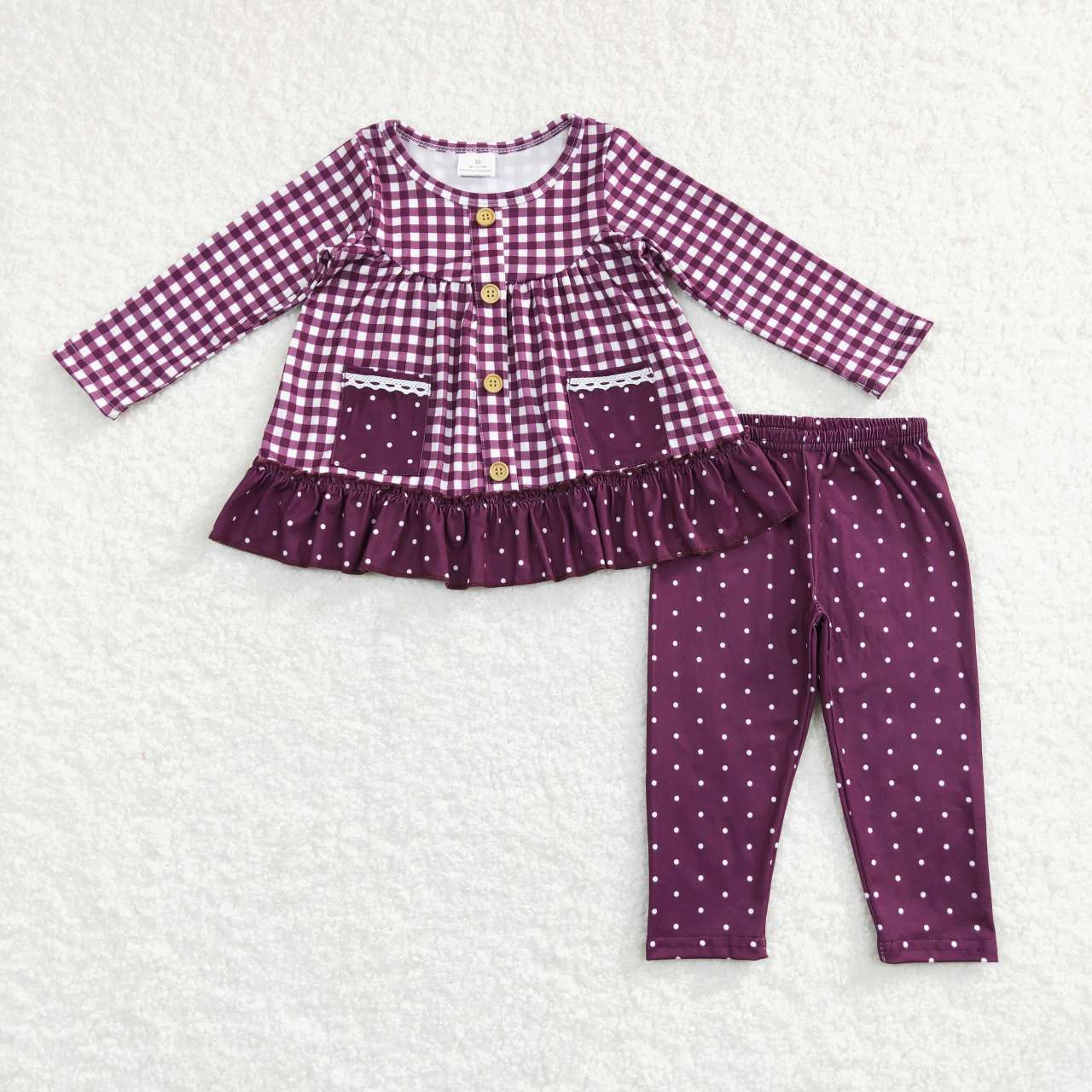 girl fall plaid tunic polk dots legging set with pocket