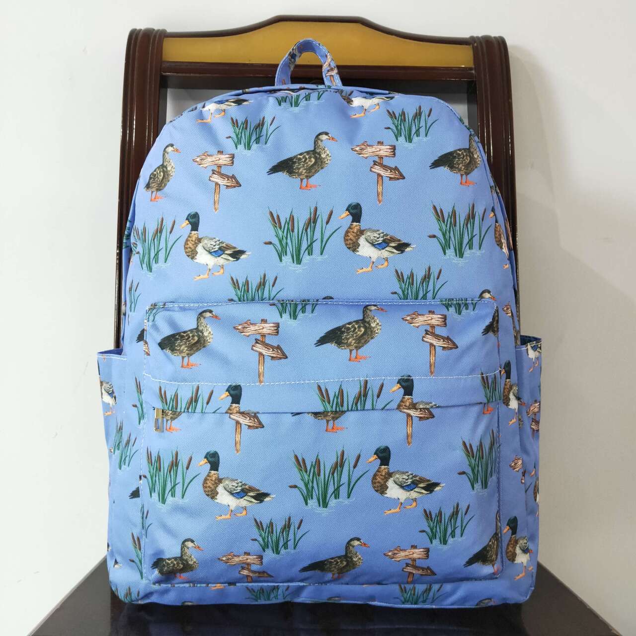 duck print children backpack blue bag