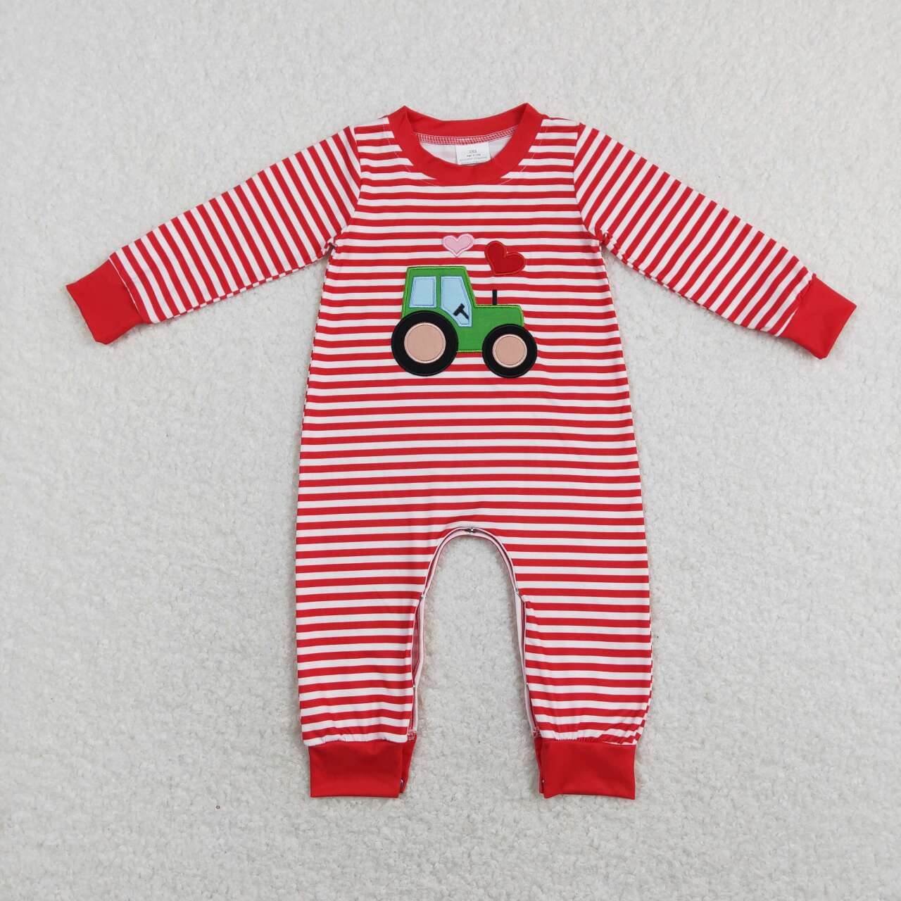 red stripe heart tractor embroidery baby boy romper