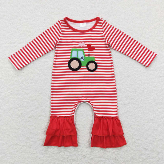 red stripe heart tractor embroidery ruffle romper