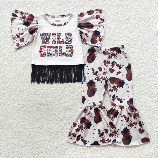 Flare sleeve wild child fringe top cow print girls bells set