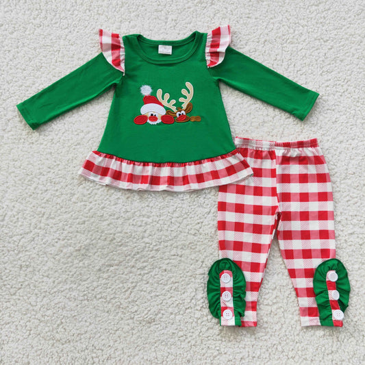 girl christmas outfit moose embroidery red plaid leggings set