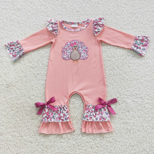 baby girl pink thanksgiving day turkey embroidery romper