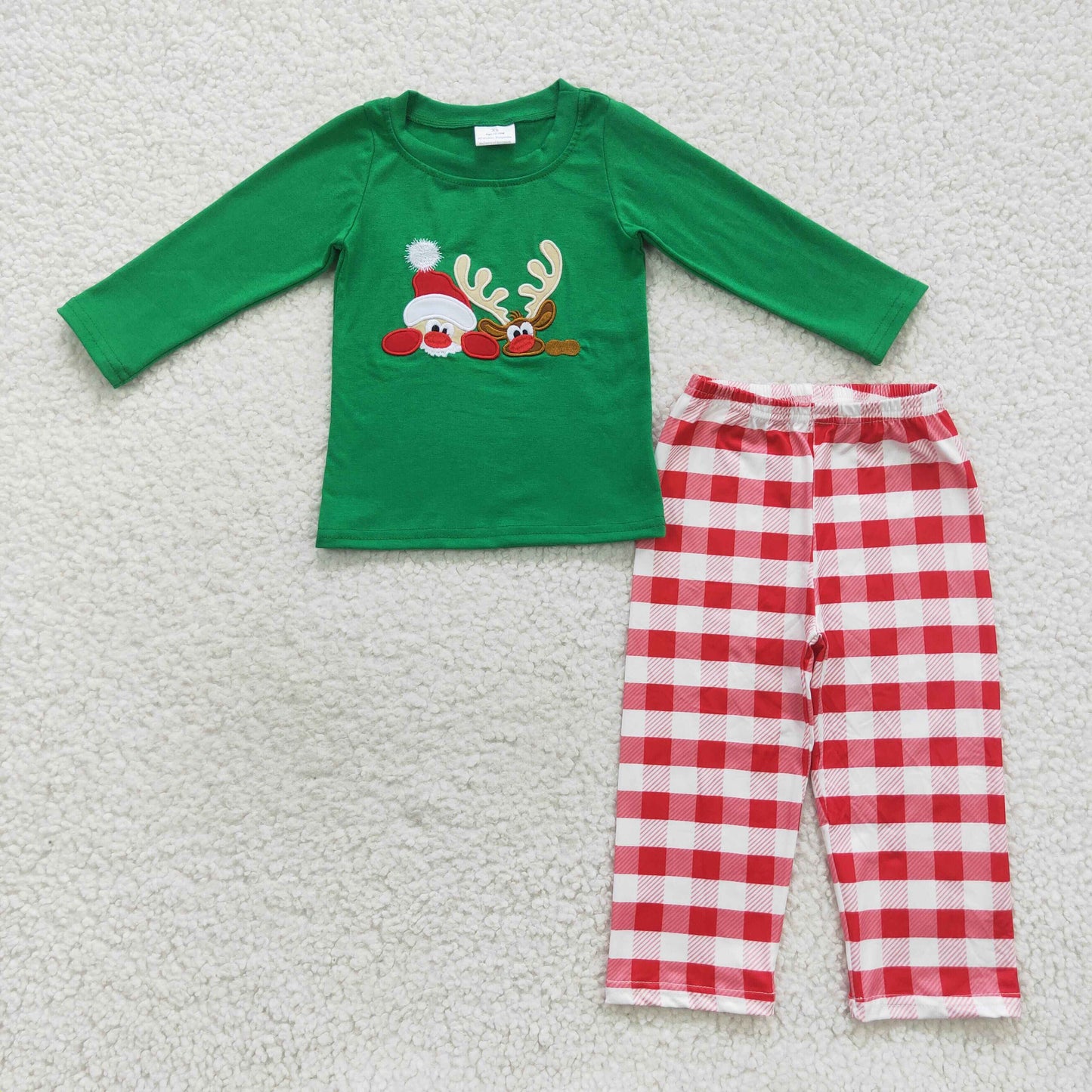 boy’s christmas green moose embroidery outfit plaide pants set