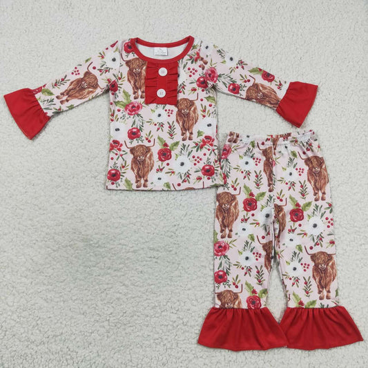 2pieces highland cow flower print kids girl christmas pajama