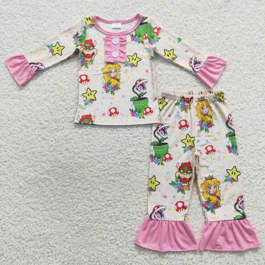 2pieces kids girl long sleeve princess peach pajama set