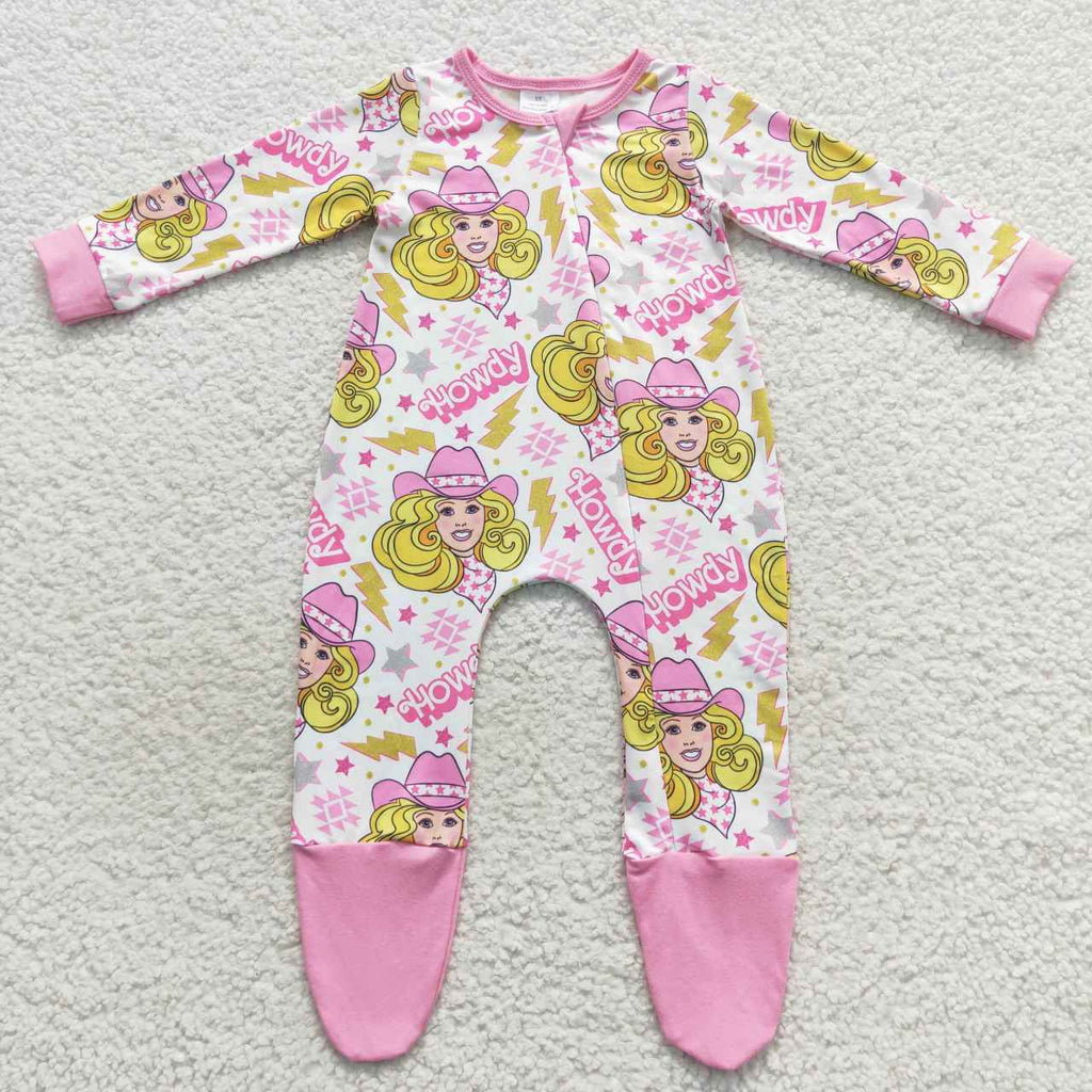 Pink long sleeve howdy barbie footie zip sleeper