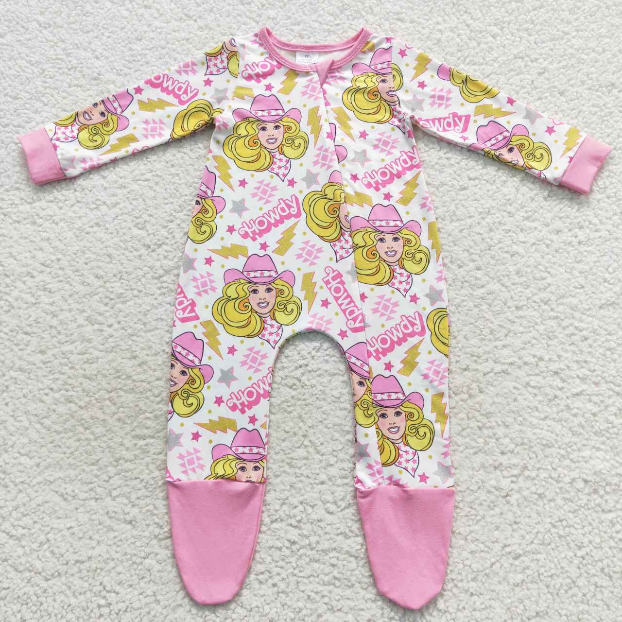 Pink long sleeve howdy barbie footie zip sleeper