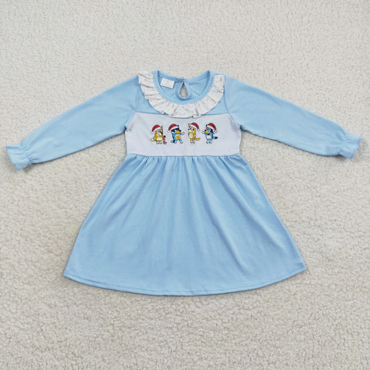 solid blue cotton dog embroidery dress girl Christmas dresses