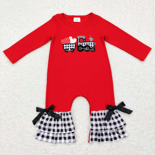 girl red heart truck embroidery ruffle romper